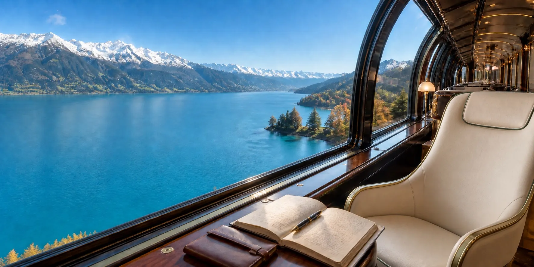 Open travel journal beside a panoramic train window overlooking an alpine lake