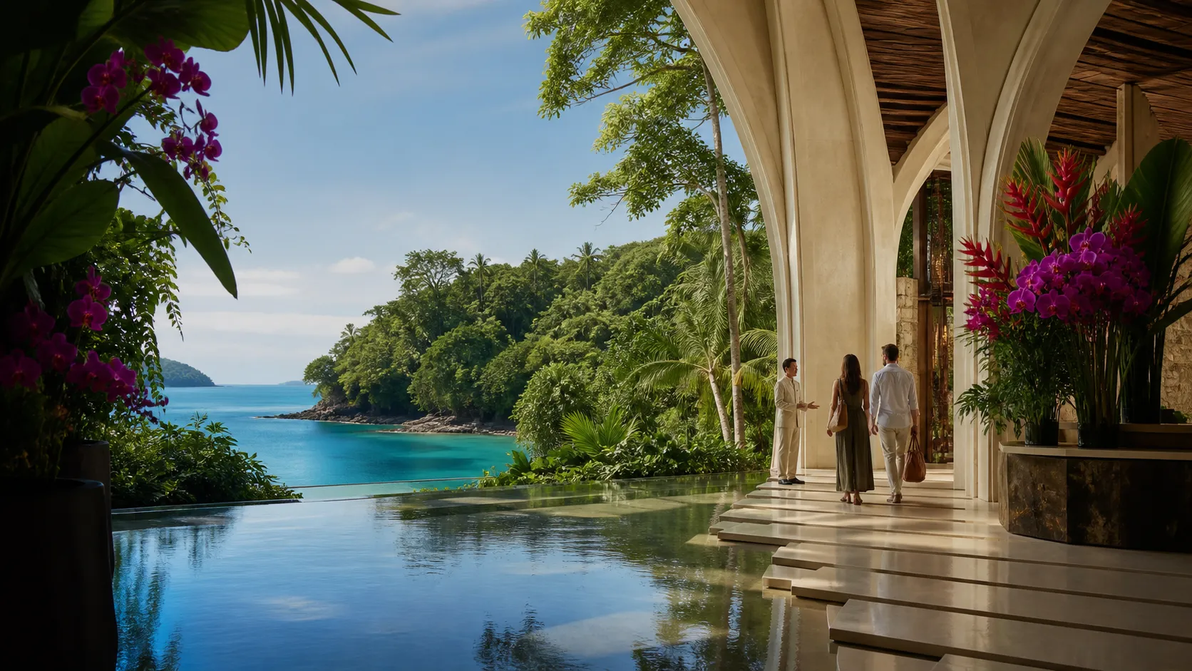 Travelers arriving at an open-air tropical resort overlooking a jungle-framed blue bay