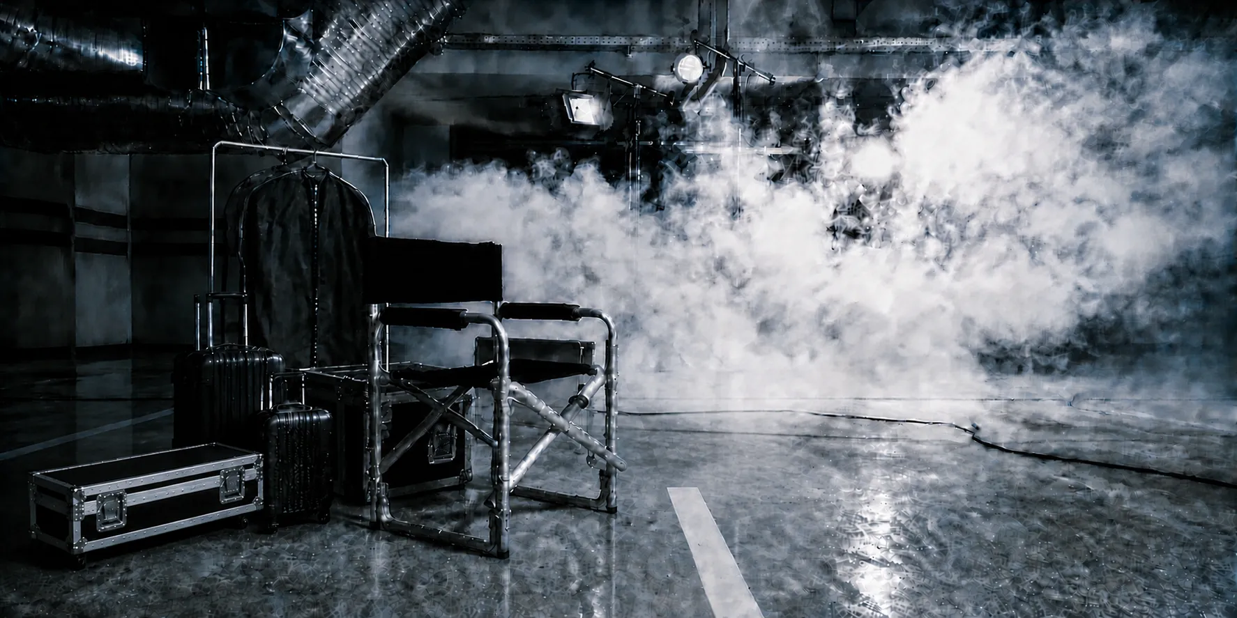 Production studio with road cases, wardrobe, luggage and lighting for music and screen production