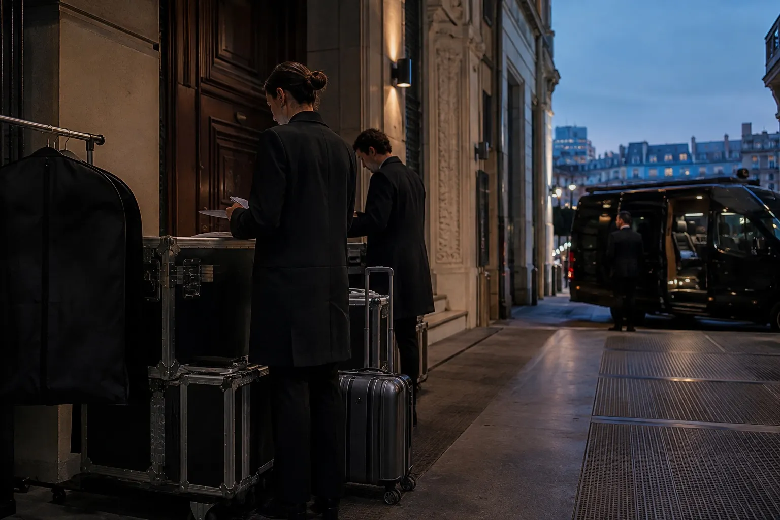 Production coordinators with road cases, garment bags and luggage for a global touring movement