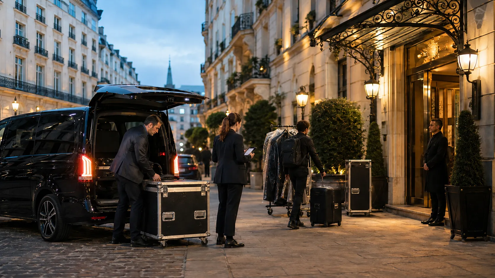 Production travel team coordinating wardrobe, luggage and equipment during an evening hotel arrival