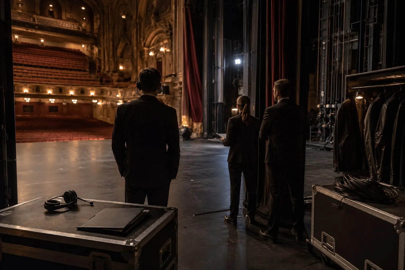 Tour manager backstage coordinating touring logistics before a performance