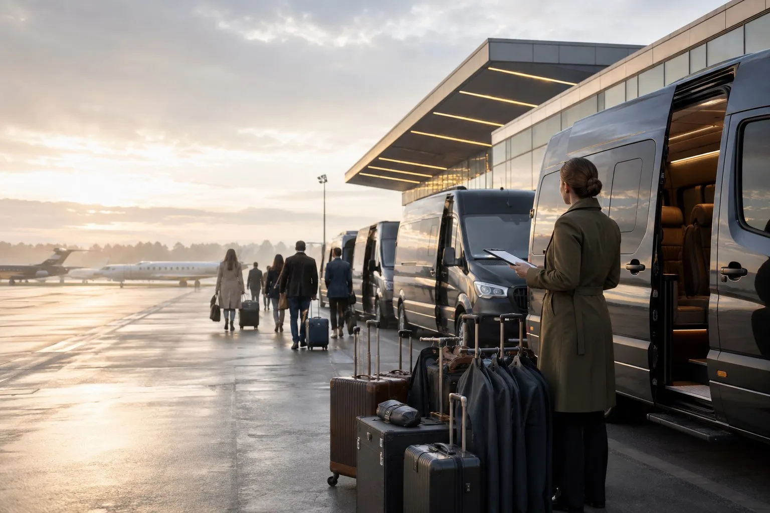 Vehicles staged beside a private terminal for discreet talent and production movement