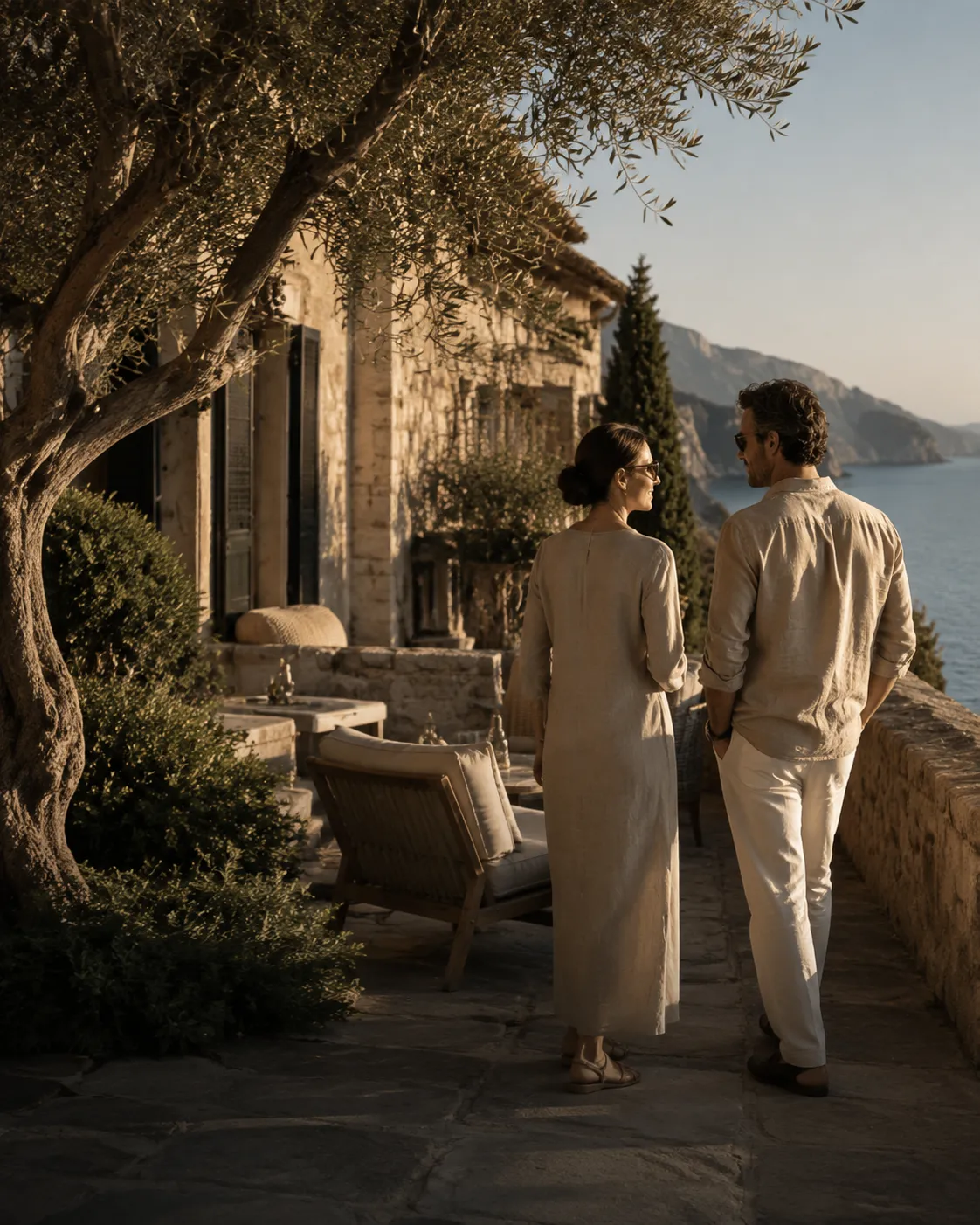 Couple overlooking the sea from a Mediterranean villa terrace at golden hour