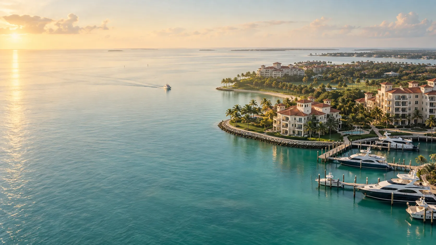 Aerial view of the private marina, waterfront residences and turquoise Biscayne Bay on Fisher Island at sunrise