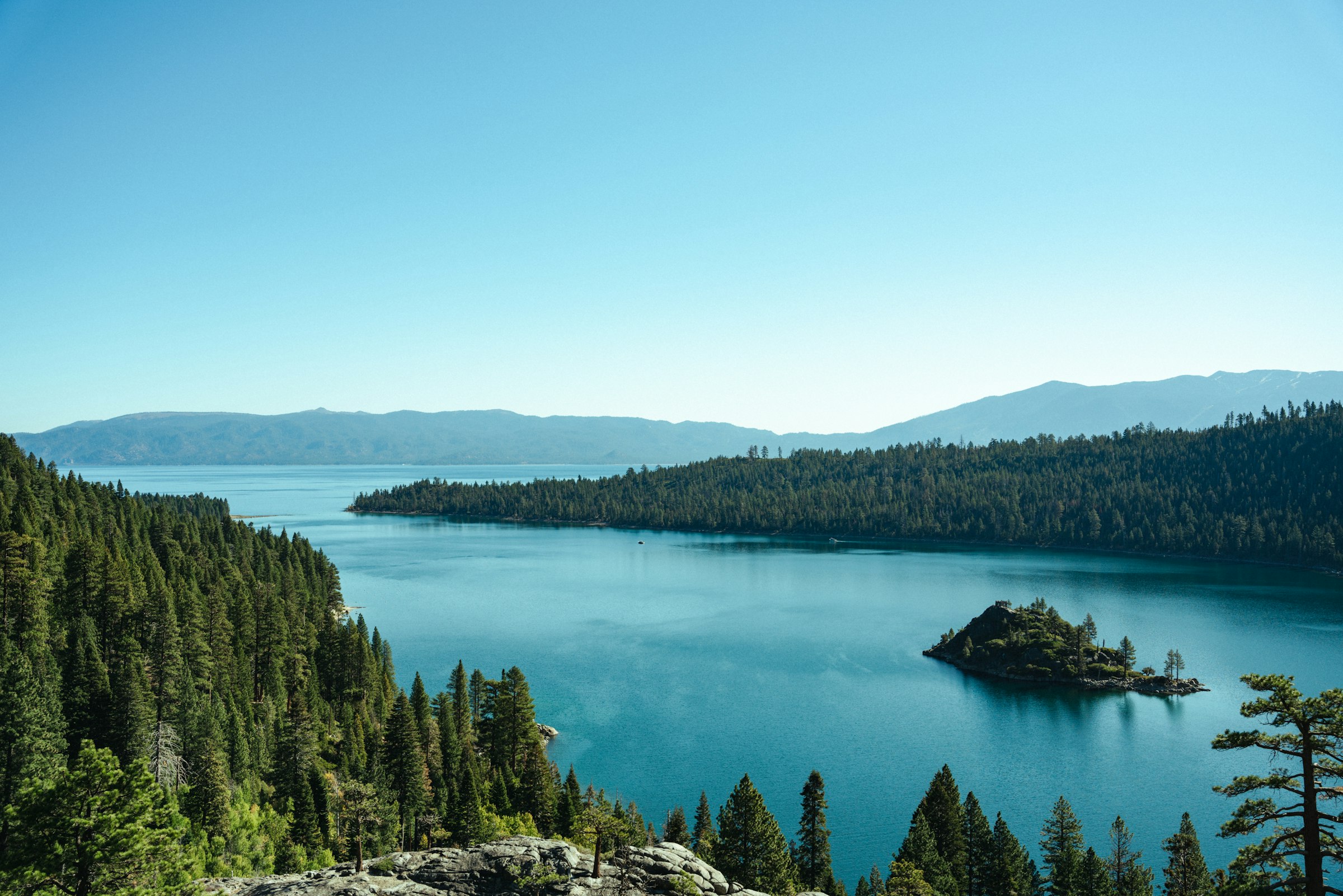 Emerald Bay on Lake Tahoe with the forested shoreline