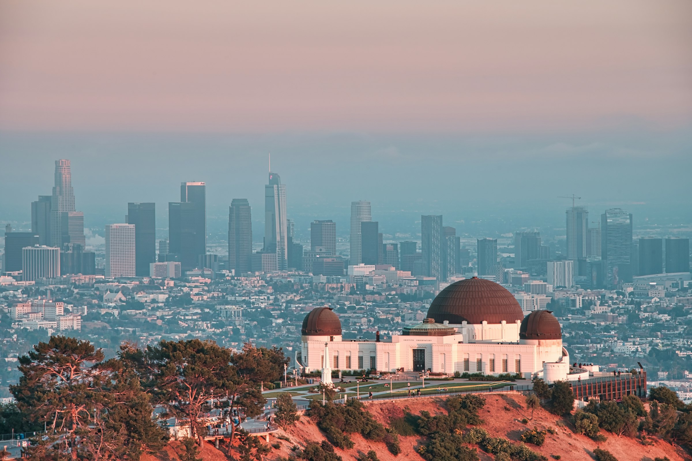 Griffith Observatory at sunset with Los Angeles below