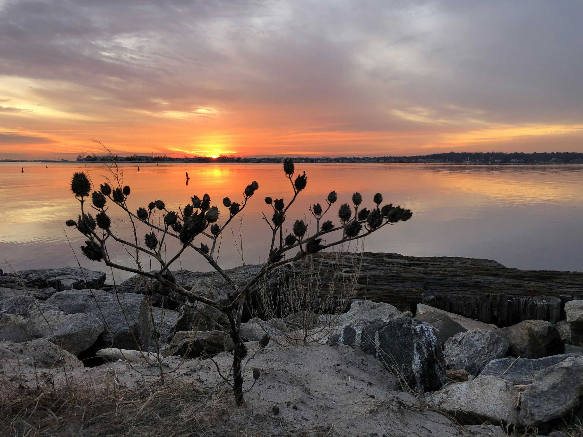 Sunset over the water on the Westport, Connecticut shoreline