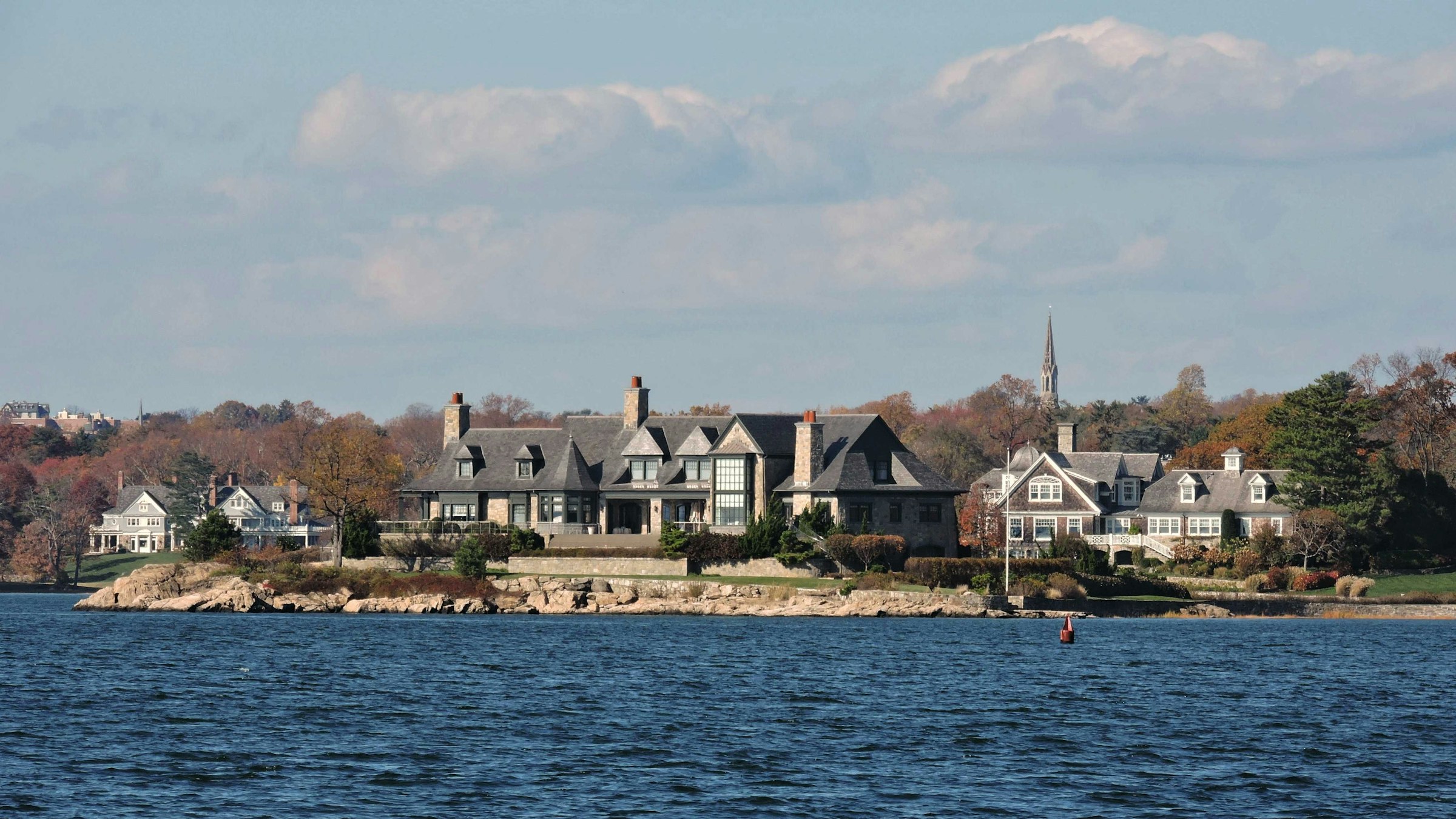Waterfront homes on Long Island Sound seen from Greenwich Point