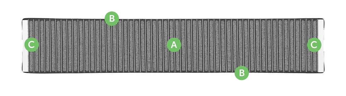 Photomicrograph cross-section of an Enovix 3D cell with side-by-side electrodes, thin steel constraints, and end caps