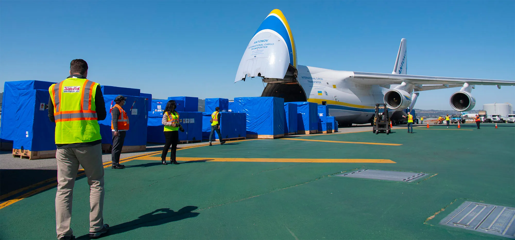 Antonov An-124 cargo airplane delivering Enovix factory equipment during Operation Equipment Airlift