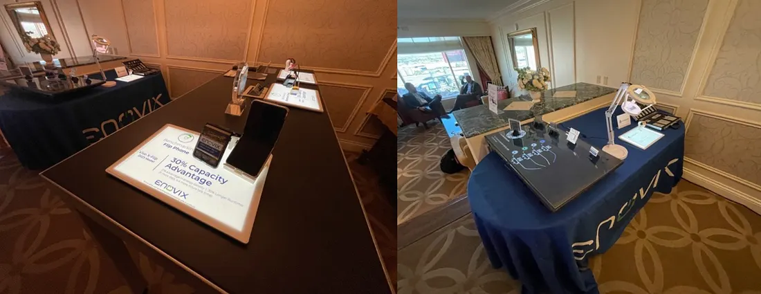 Enovix suite at the Venetian Hotel during CES 2024, set up with product demos and prototype devices