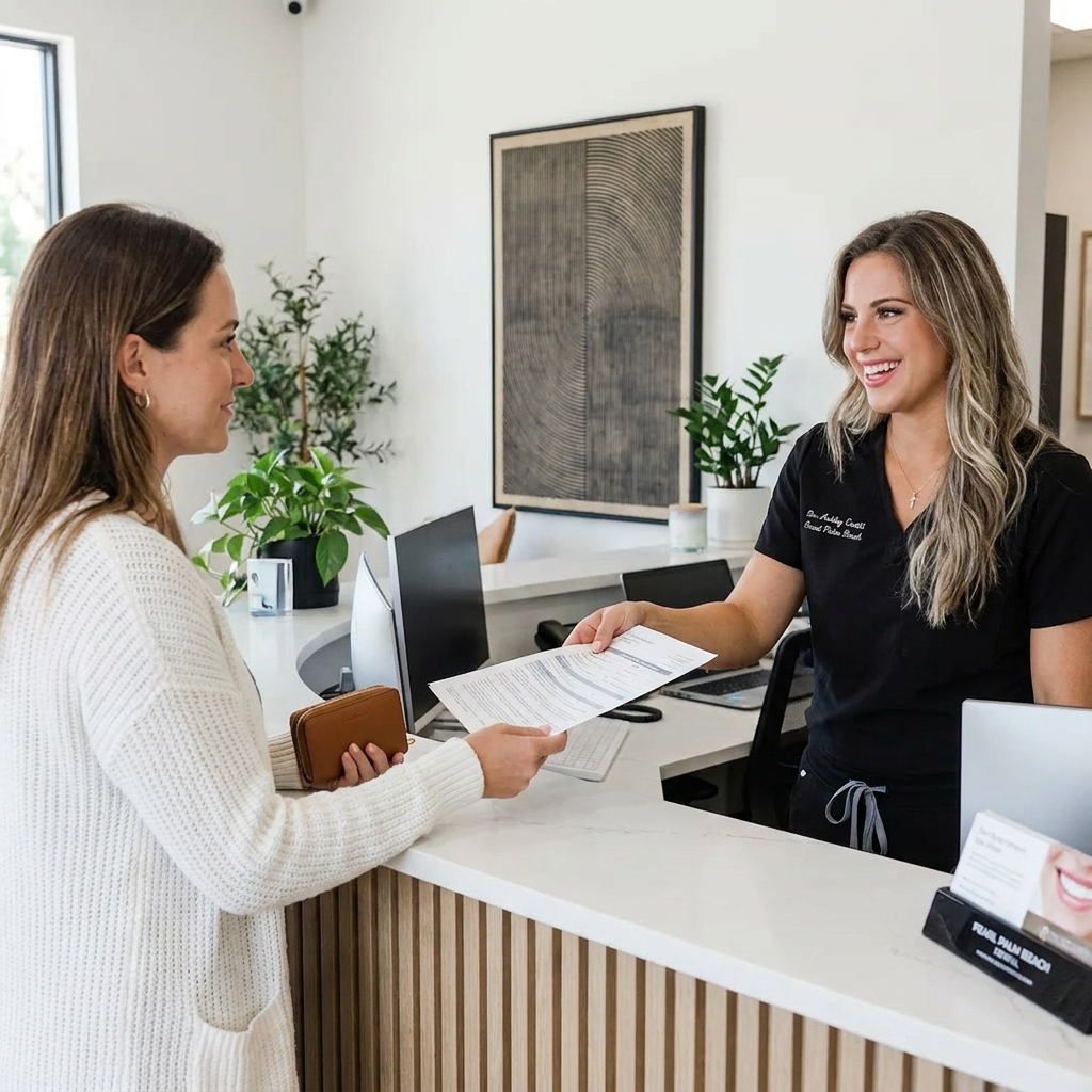 A dentist at Pearl Palm Beach Dental hands insurance paperwork to a patient at the front desk in Palm Beach.