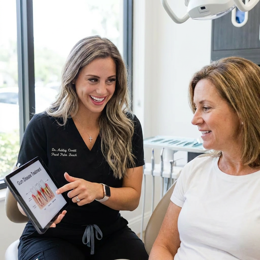 A Pearl Palm Beach Dental dentist in Palm Beach, FL smiles while discussing gum health with an attentive male patient.