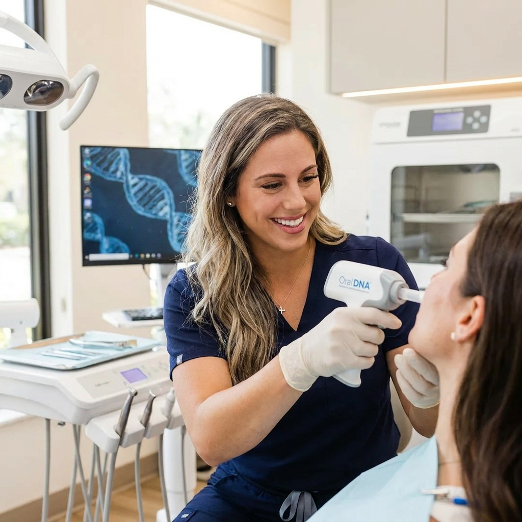 A precision digital monitor displays advanced Oral DNA results at Pearl Palm Beach Dental in Palm Beach, FL.