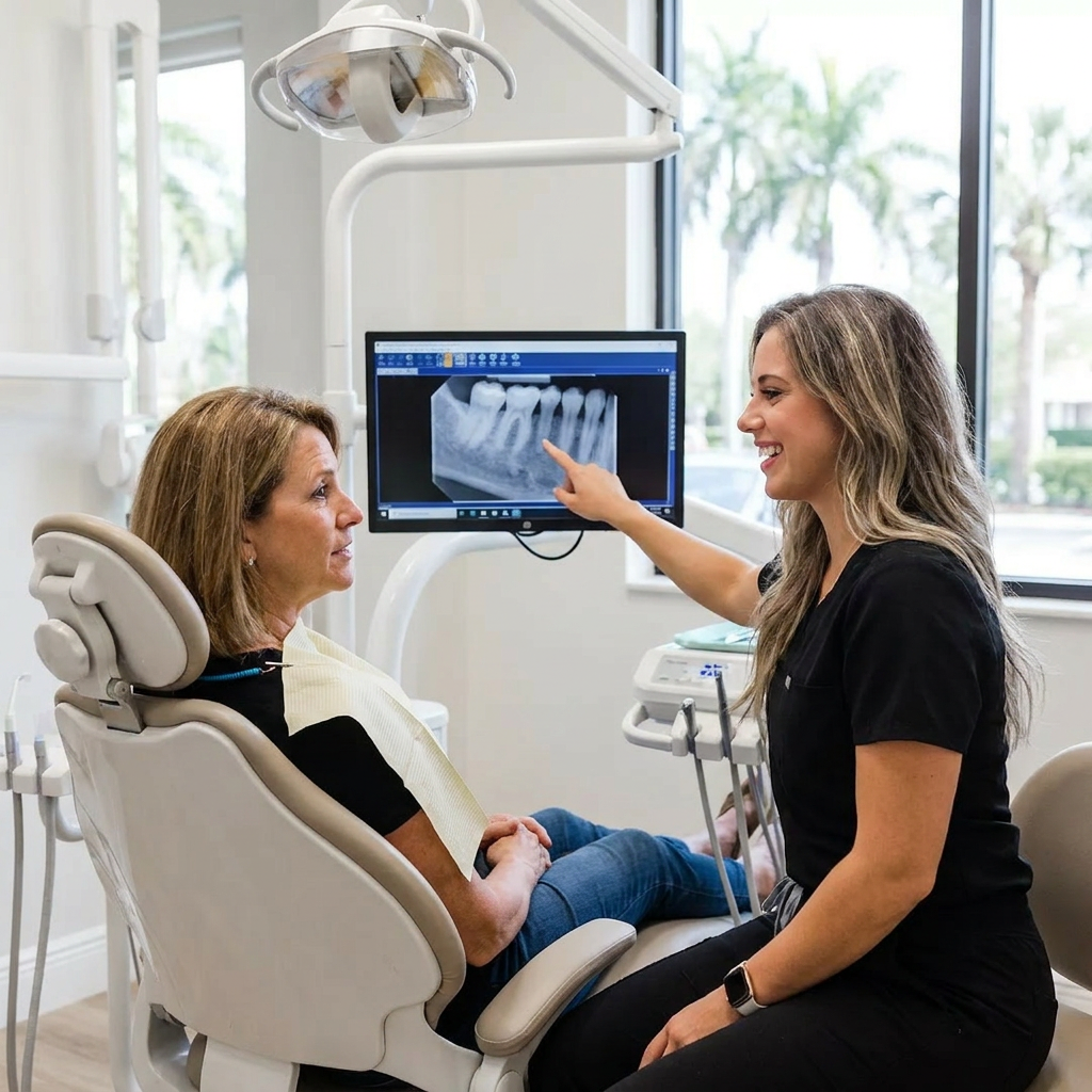 A Pearl Palm Beach Dental dentist in Palm Beach, FL discusses periodontal care with a smiling patient during a consult.