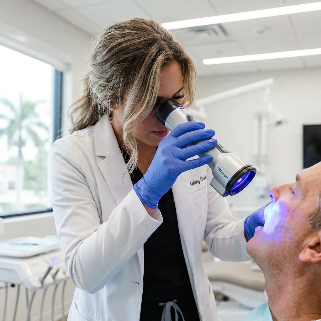 Pearl Palm Beach Dental staff uses a specialized handheld light for advanced oral cancer screenings in Palm Beach.