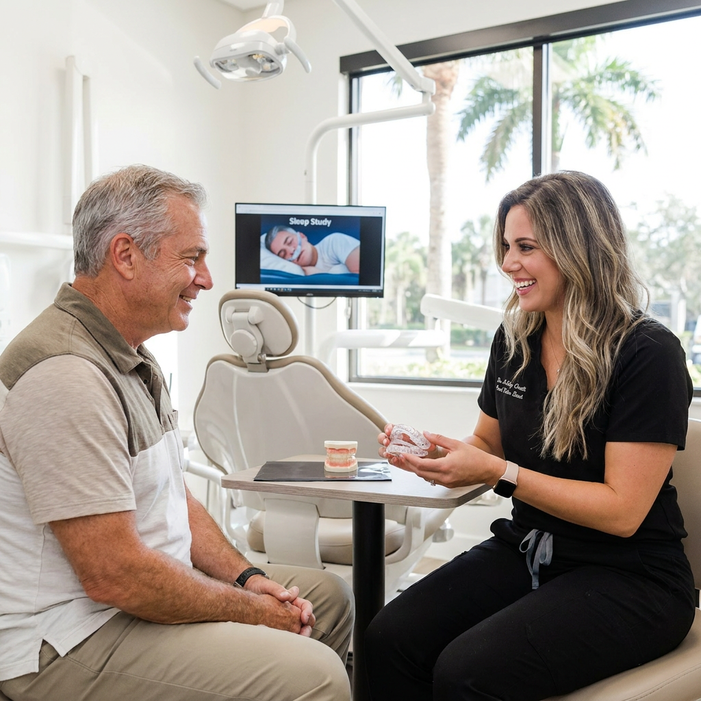 A friendly Pearl Palm Beach Dental dentist consults with an attentive patient about sleep apnea care in Royal Palm Beach, FL.