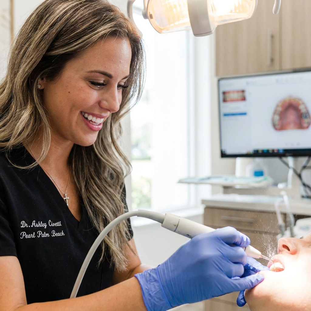 Advanced ultrasonic cleaning tool being used by a dentist at Pearl Palm Beach Dental in Royal Palm Beach.