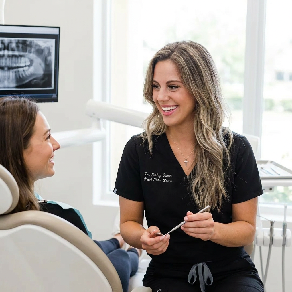 A Pearl Palm Beach Dental dentist in Royal Palm Beach, FL smiles while consulting with a patient about dental cleanings.