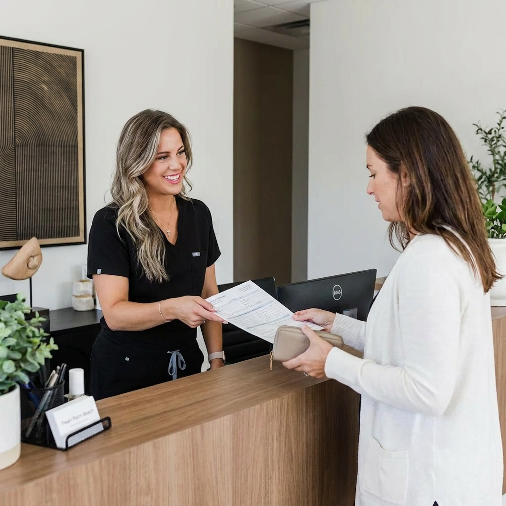 A Pearl Palm Beach Dental staff member hands insurance forms to a patient at the Palm Beach reception desk.