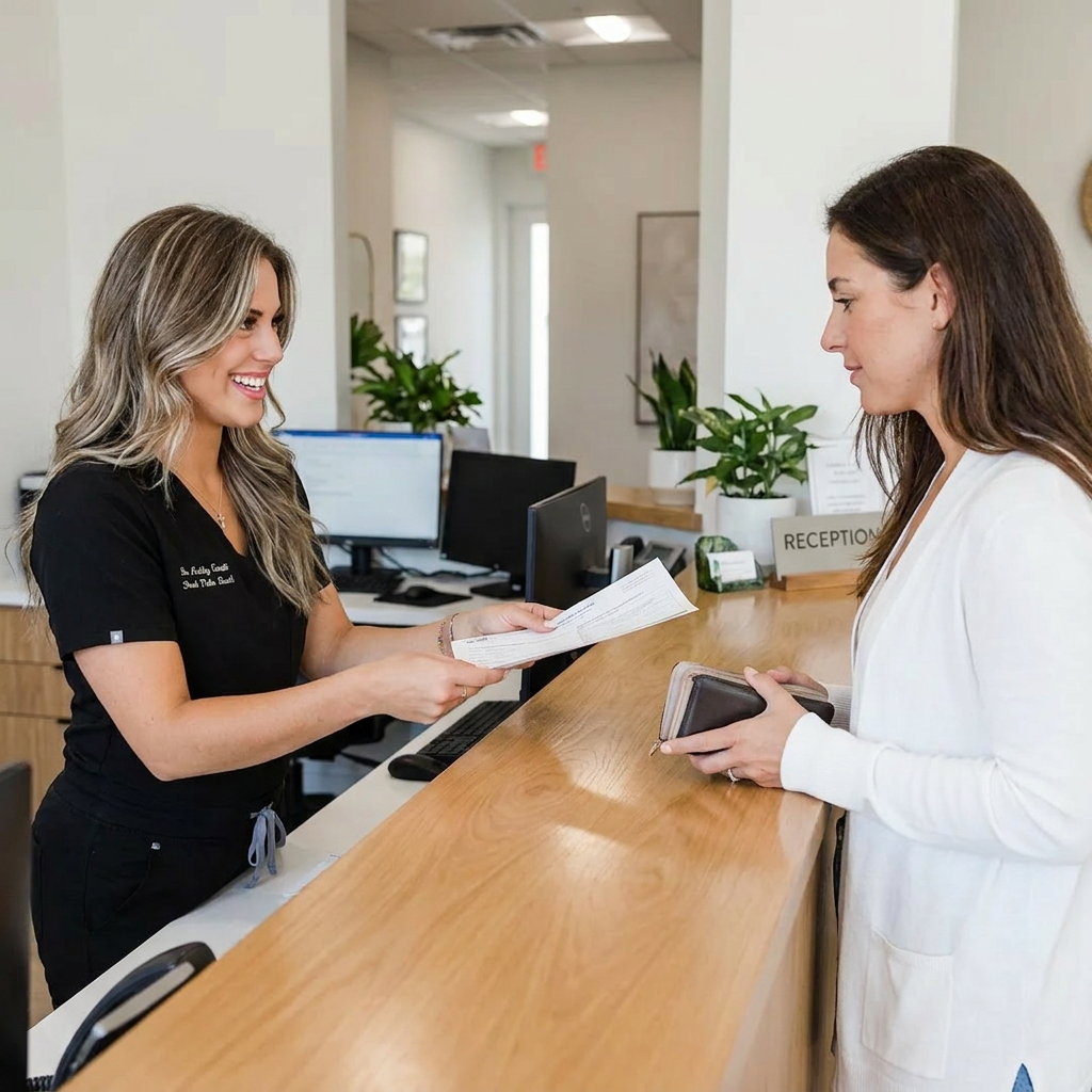A Pearl Palm Beach Dental staff member hands insurance forms to a smiling patient at the Palm Beach reception desk.