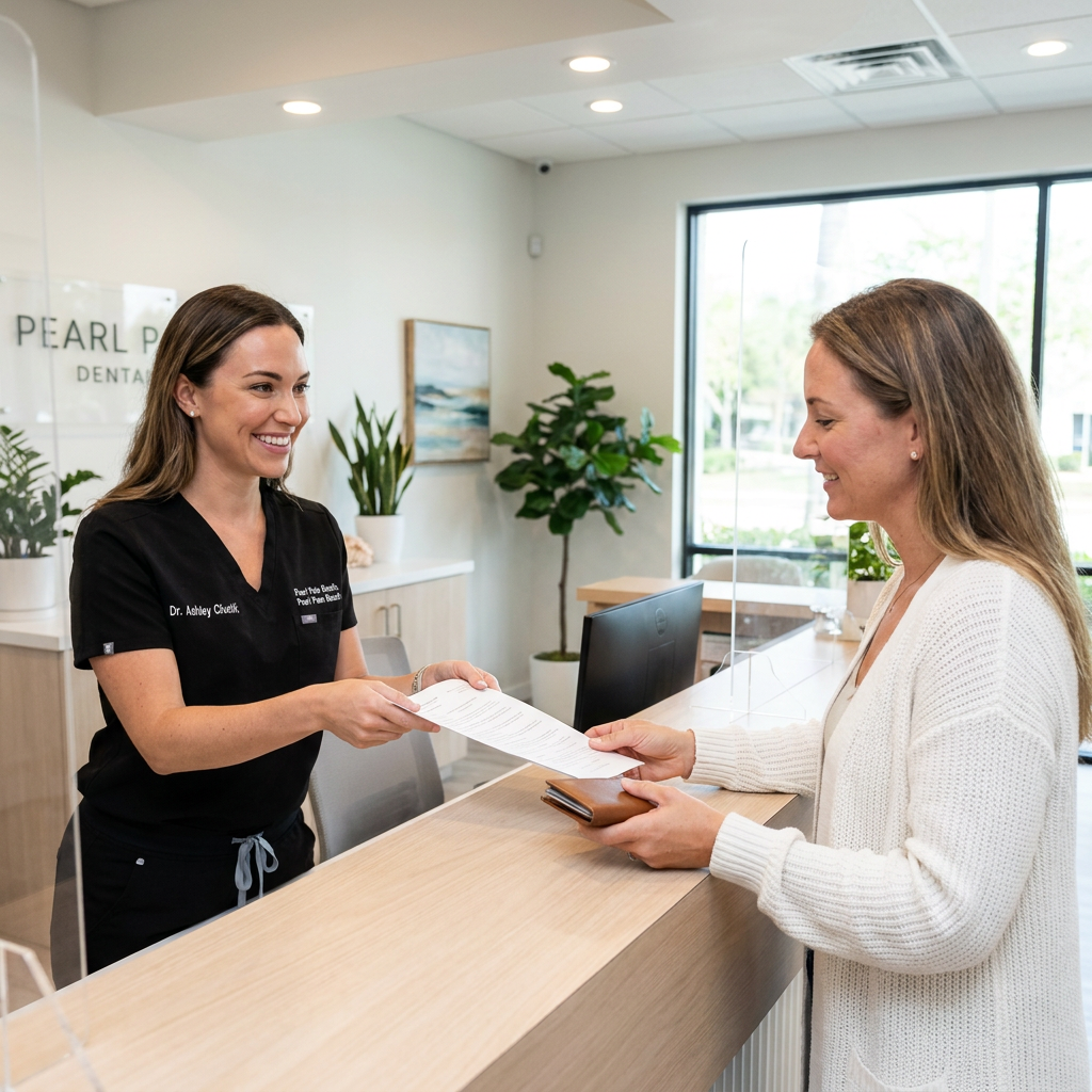 A Pearl Palm Beach Dental staff member hands paperwork to a patient at the front desk in Palm Beach, FL.