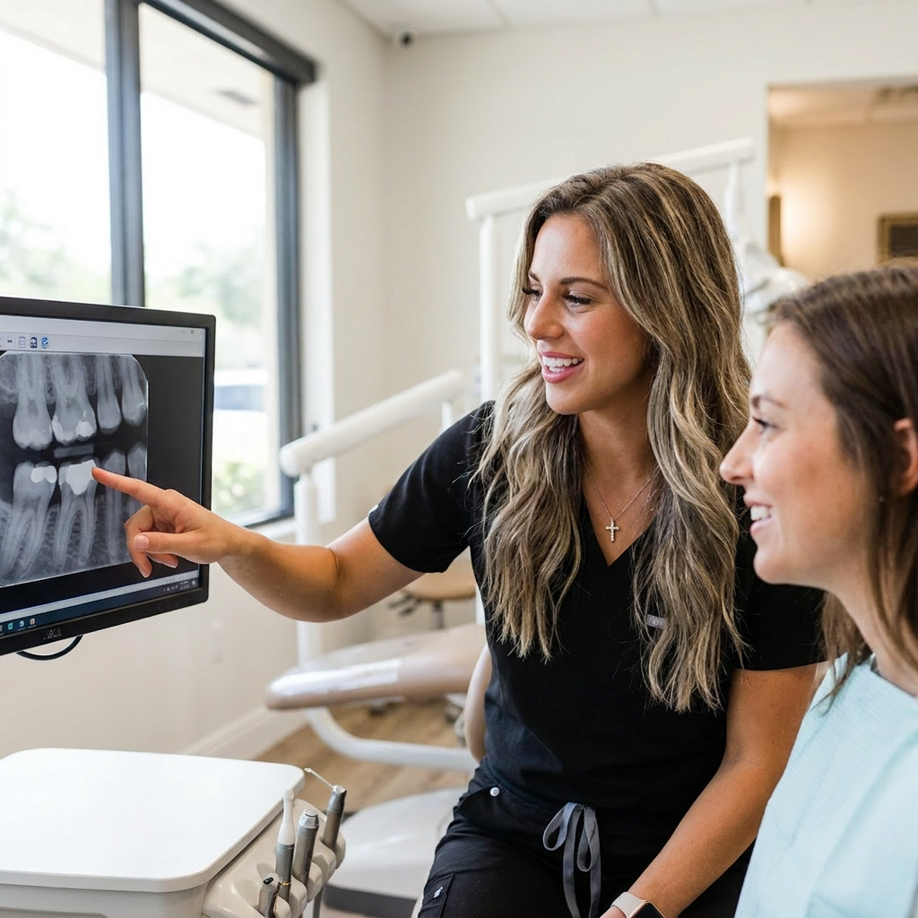 A Pearl Palm Beach Dental dentist listens to a patient during a tooth filling consultation in Royal Palm Beach.