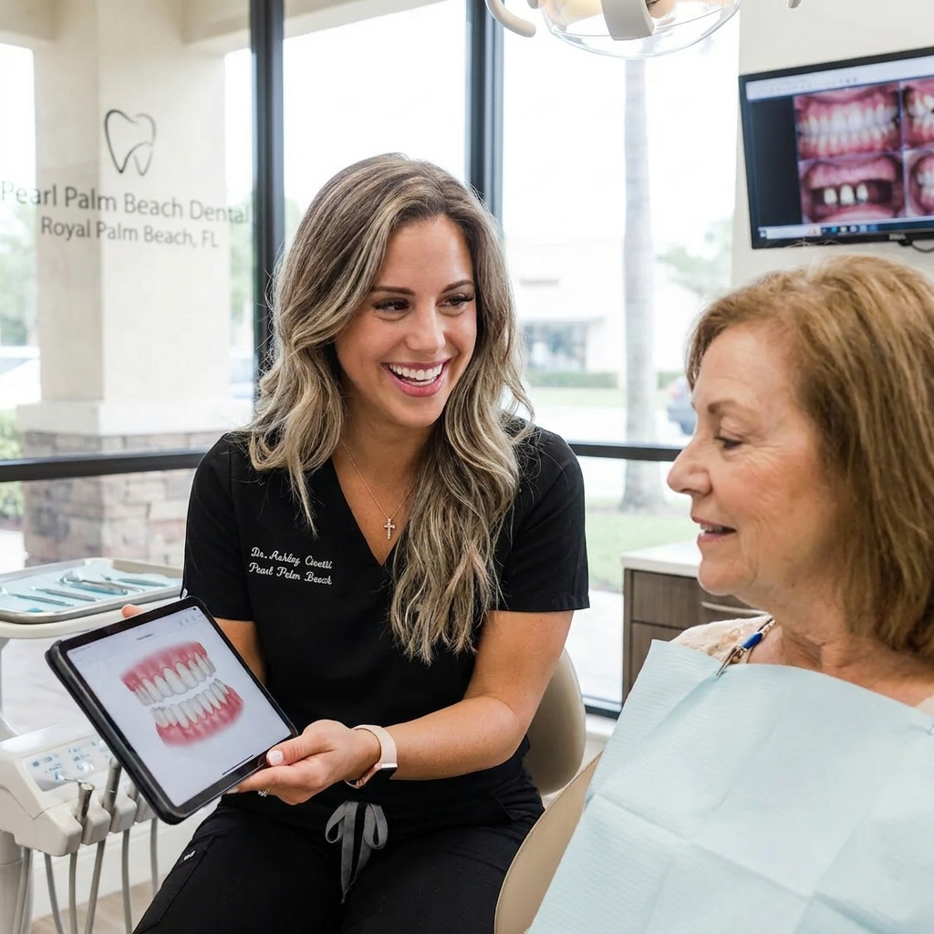 A Pearl Palm Beach Dental dentist in Royal Palm Beach, FL, smiles while discussing bridge options with a seated patient.
