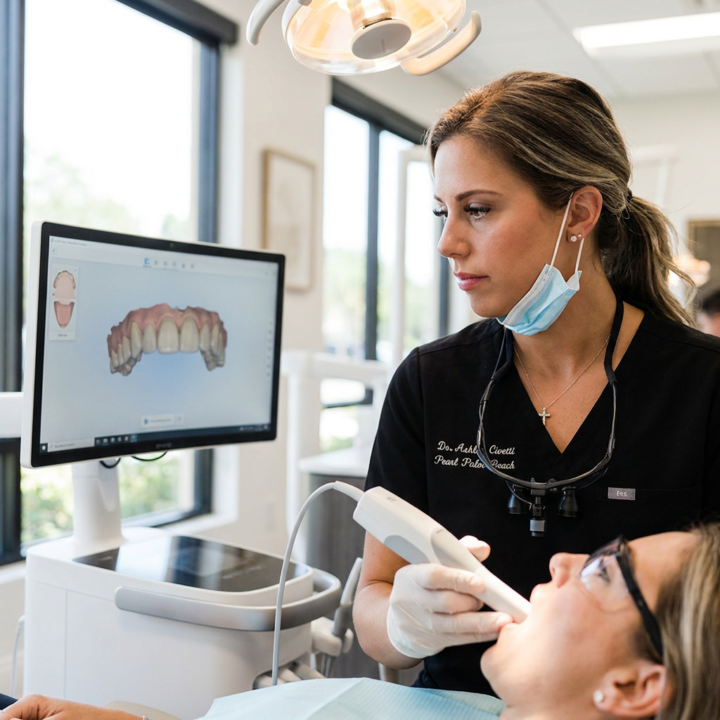 A handheld digital scanner maps a patient teeth for a dental bridge at Pearl Palm Beach Dental in Royal Palm Beach FL.