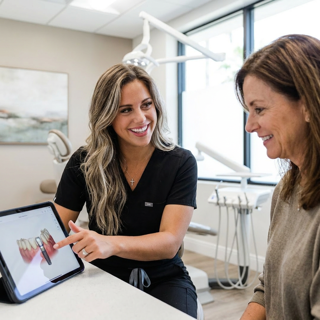 A dentist at Pearl Palm Beach Dental in Royal Palm Beach, FL, smiles while consulting with an attentive patient.