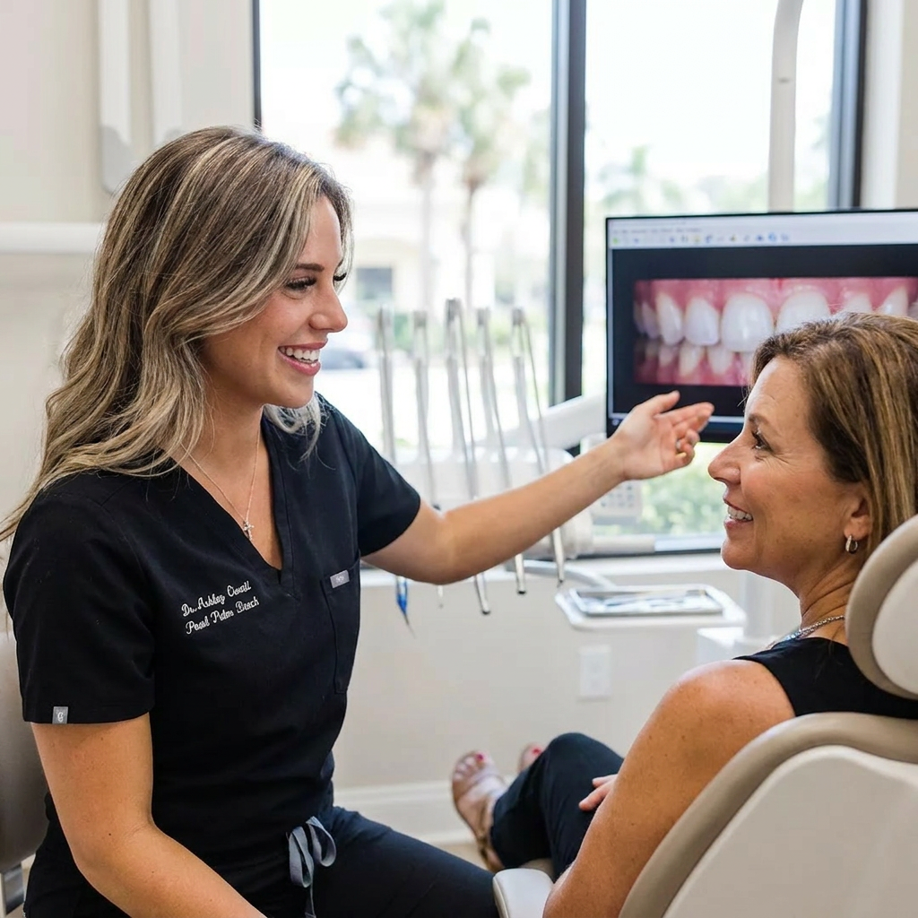 A Pearl Palm Beach Dental dentist discusses bonding options with a patient during a friendly consultation.