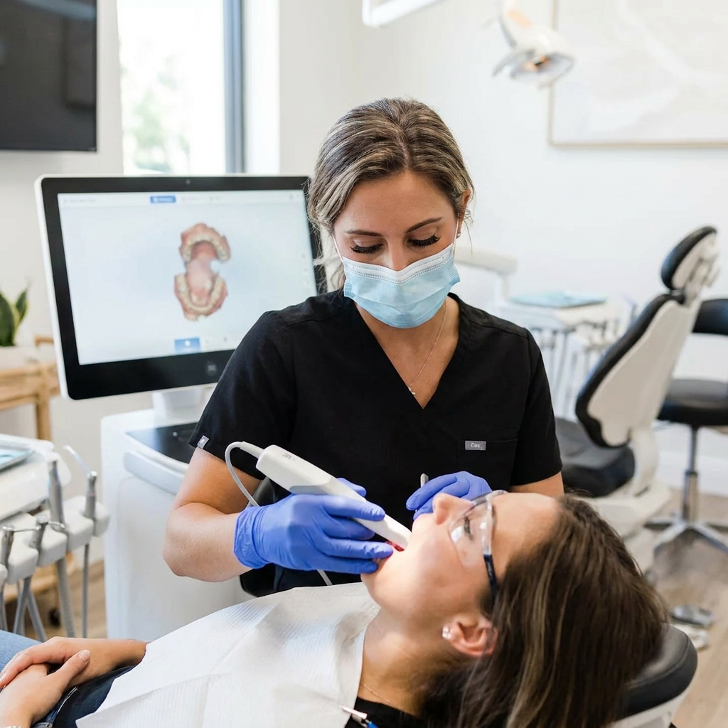 A dentist at Pearl Palm Beach Dental in Royal Palm Beach, FL uses a digital scanner for precise crown fittings.