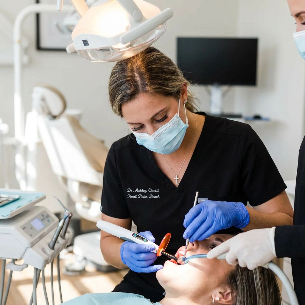 Close-up of a high-tech curing light and dental bonding tools in a sterile Royal Palm Beach clinic setting.