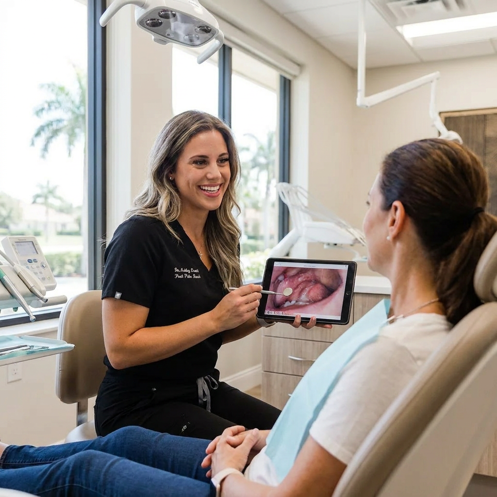A Pearl Palm Beach Dental dentist in Palm Beach, FL, explains oral cancer screening to an attentive patient.