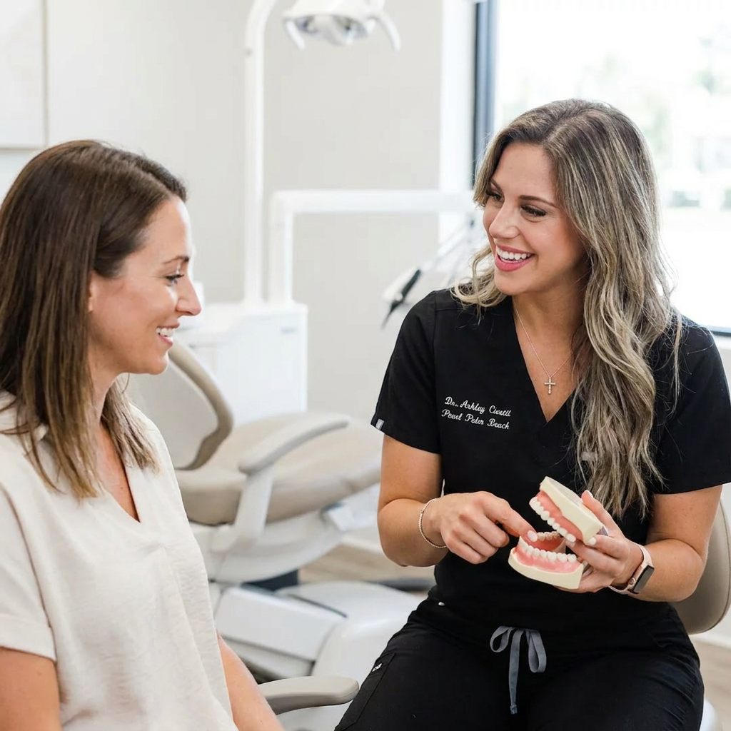 An attentive dentist at Pearl Palm Beach Dental discusses TMJ therapy options with a patient in Palm Beach, FL.