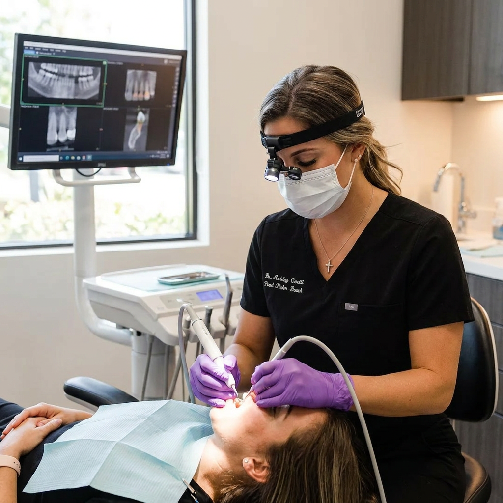 A dentist at Pearl Palm Beach Dental in Royal Palm Beach uses a high-tech laser for precise periodontal treatment.
