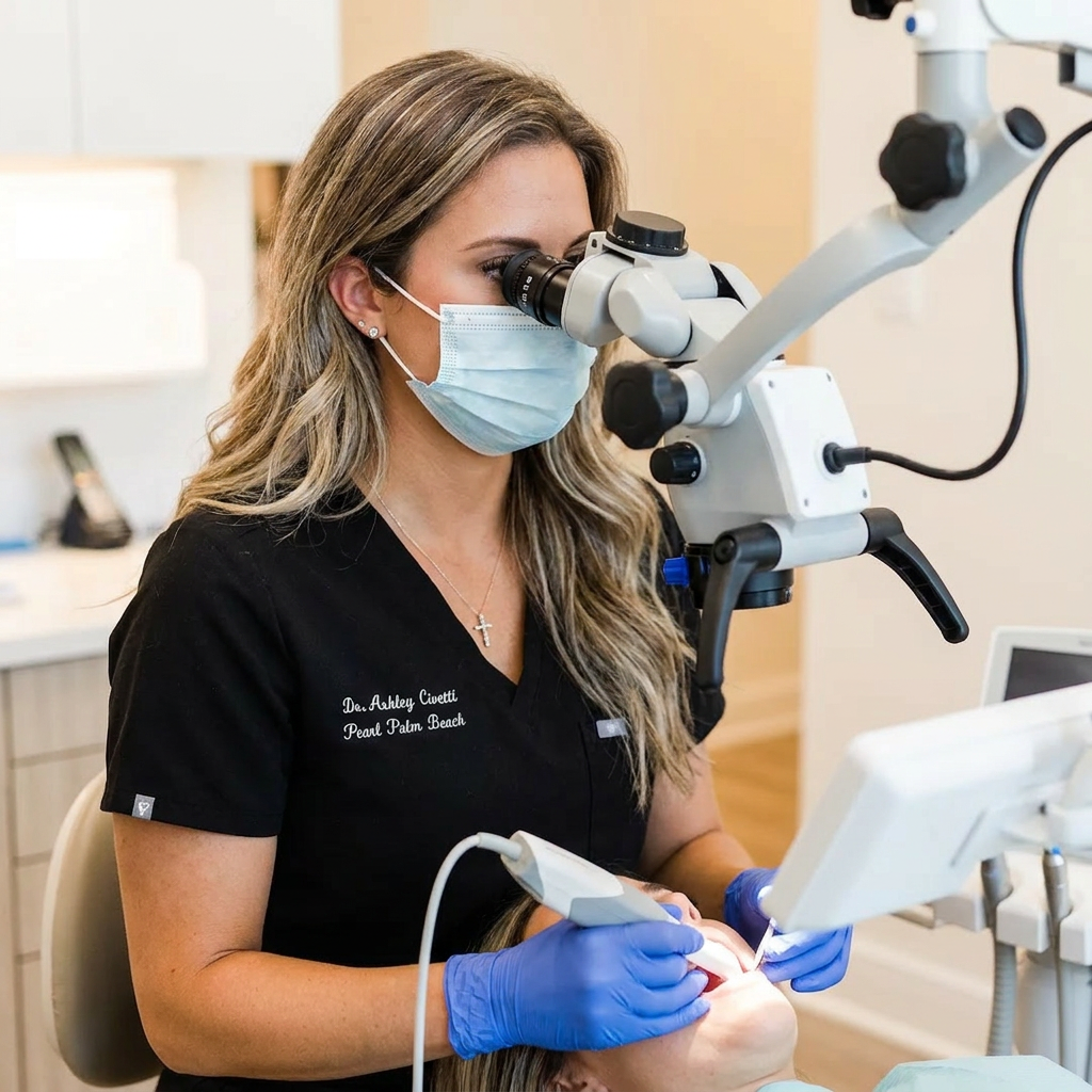 A dentist at Pearl Palm Beach Dental in Royal Palm Beach uses a high-tech intraoral scanner on a patient.