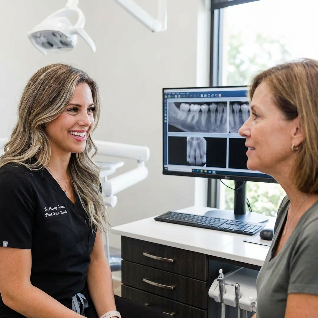 A dentist at Pearl Palm Beach Dental in Royal Palm Beach, FL, smiles while discussing dental exam results with a patient.