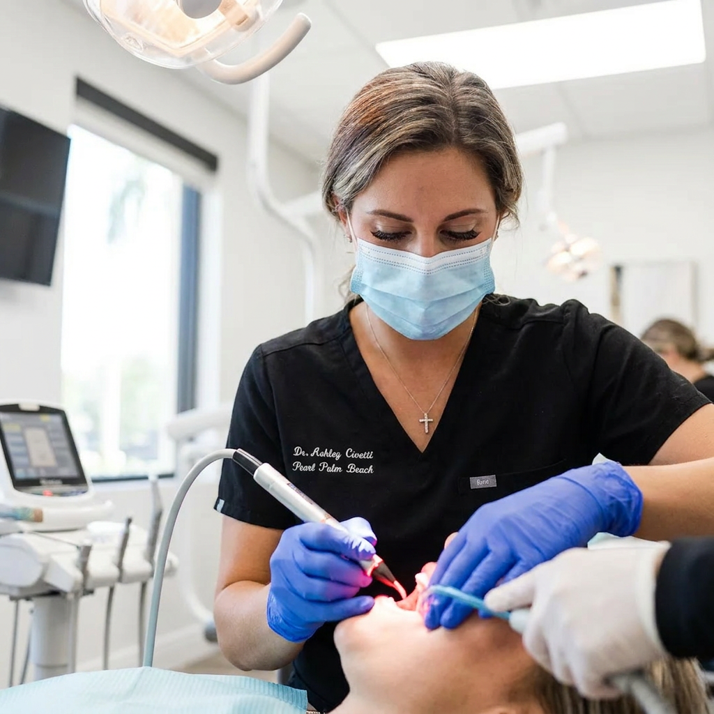 A modern laser tool is used by a dentist at Pearl Palm Beach Dental in Royal Palm Beach to treat a patient's gums.
