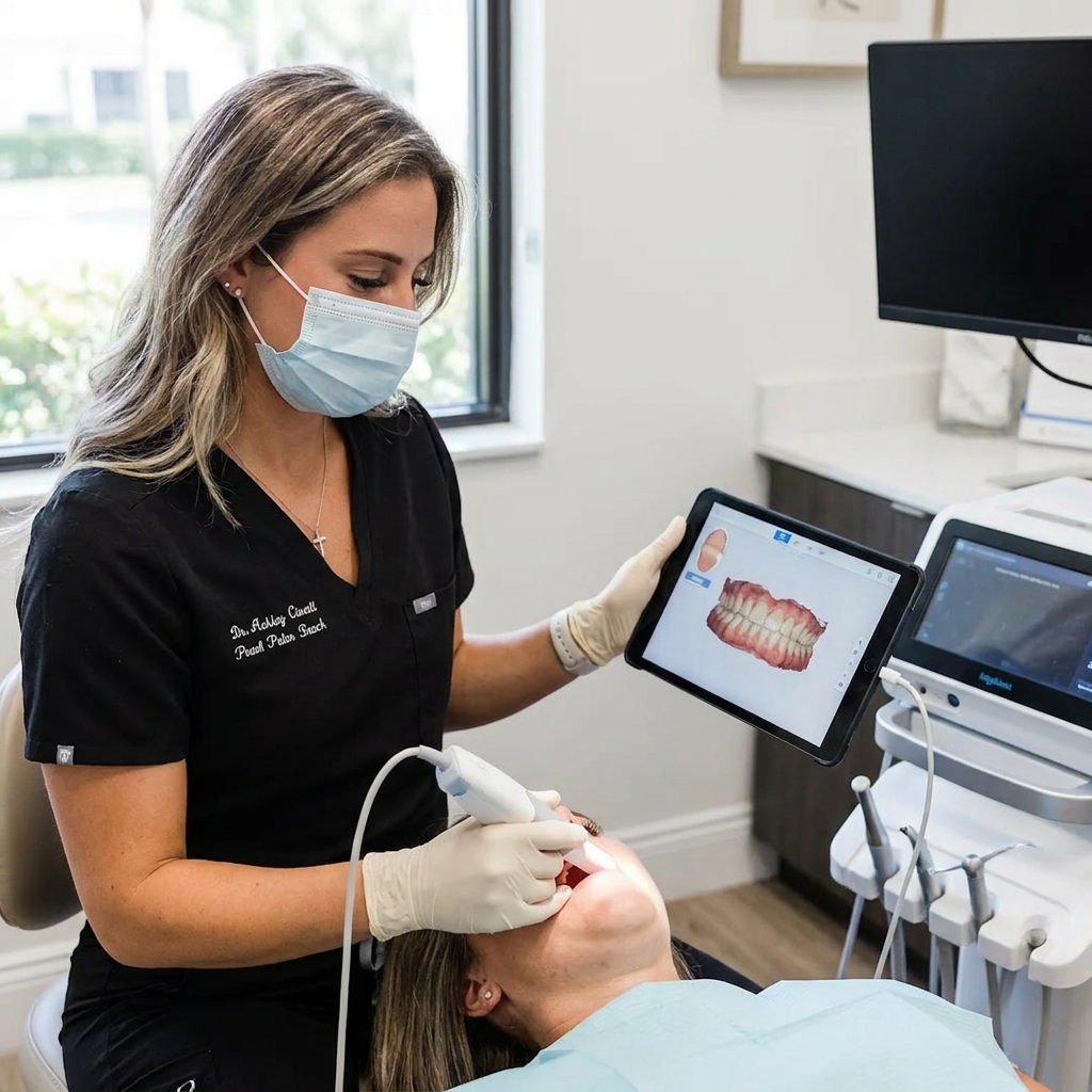 A Pearl Palm Beach Dental dentist uses high-tech scanning equipment on a patient in Royal Palm Beach, FL.
