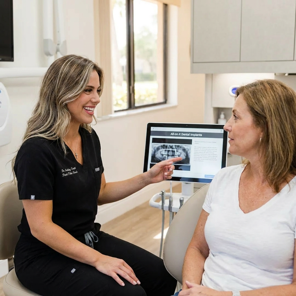 A professional Pearl Palm Beach Dental dentist consults with an attentive patient about All-on-X implants in Royal Palm Beach