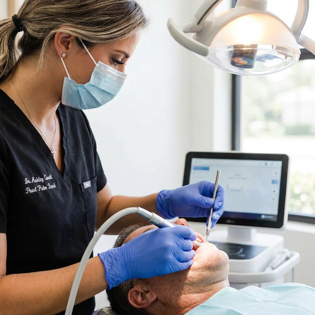A dentist at Pearl Palm Beach Dental in Royal Palm Beach uses a high-tech digital scanner on a patient for dental implants.
