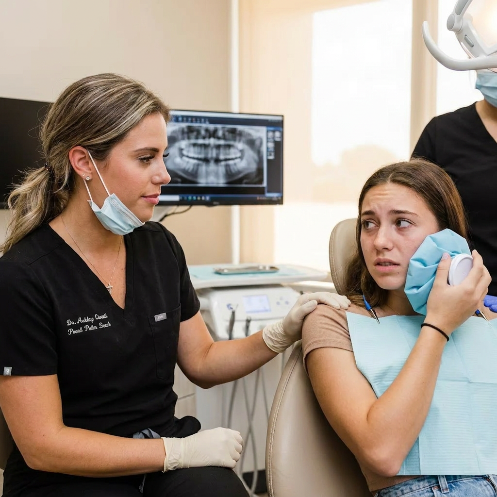 A Pearl Palm Beach Dental dentist in navy scrubs reassures a patient in a modern Royal Palm Beach emergency operatory.