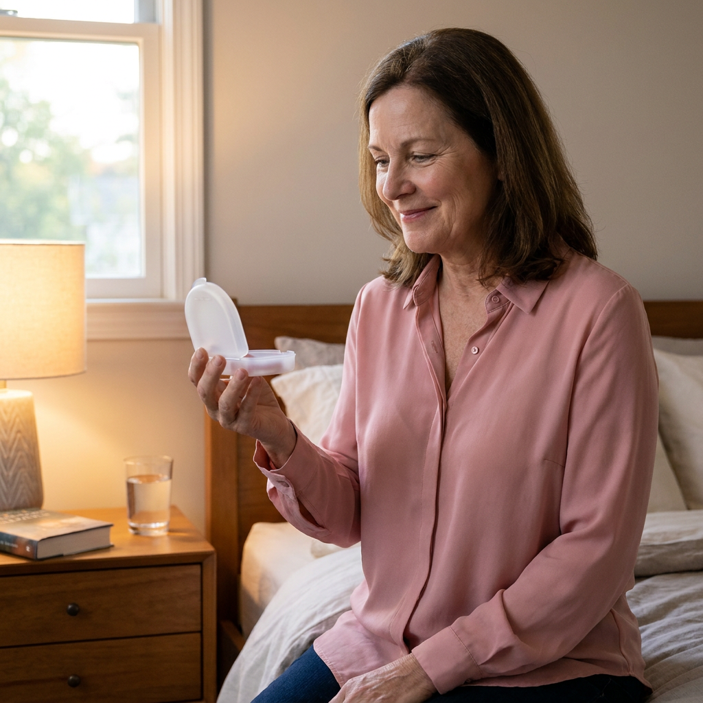 Ashley holds a new lower denture case on her nightstand in her bedroom, a contented look on her face.