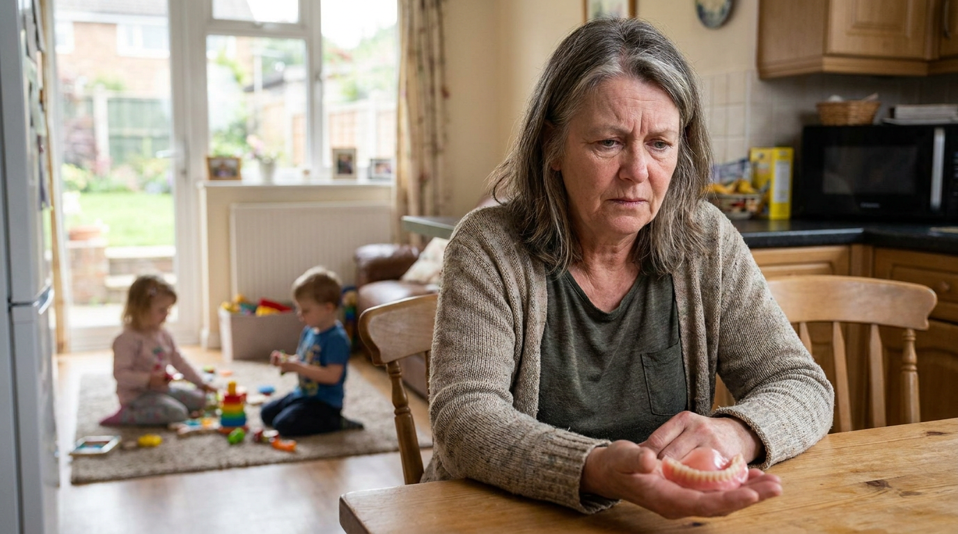 Ashley, a woman in her early sixties, sits at a kitchen table, looking thoughtfully at a bottom denture in her hand with a slight frown.