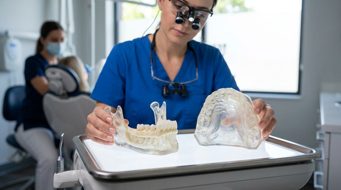A detailed, transparent 3D anatomical model of a lower jaw showing the compact bone ridge where a denture would sit, contrasting with a translucent upper jaw model highlighting the broad palate.