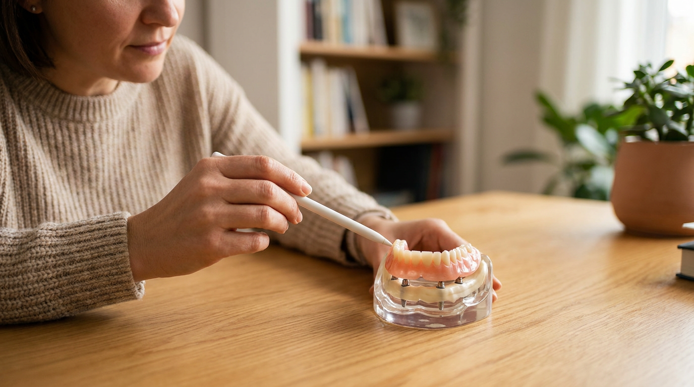 A close-up, high-angle shot showcasing a set of complete lower implant-supported dentures securely attached to a visible (but not gory) array of dental implants embedded in a jaw model.