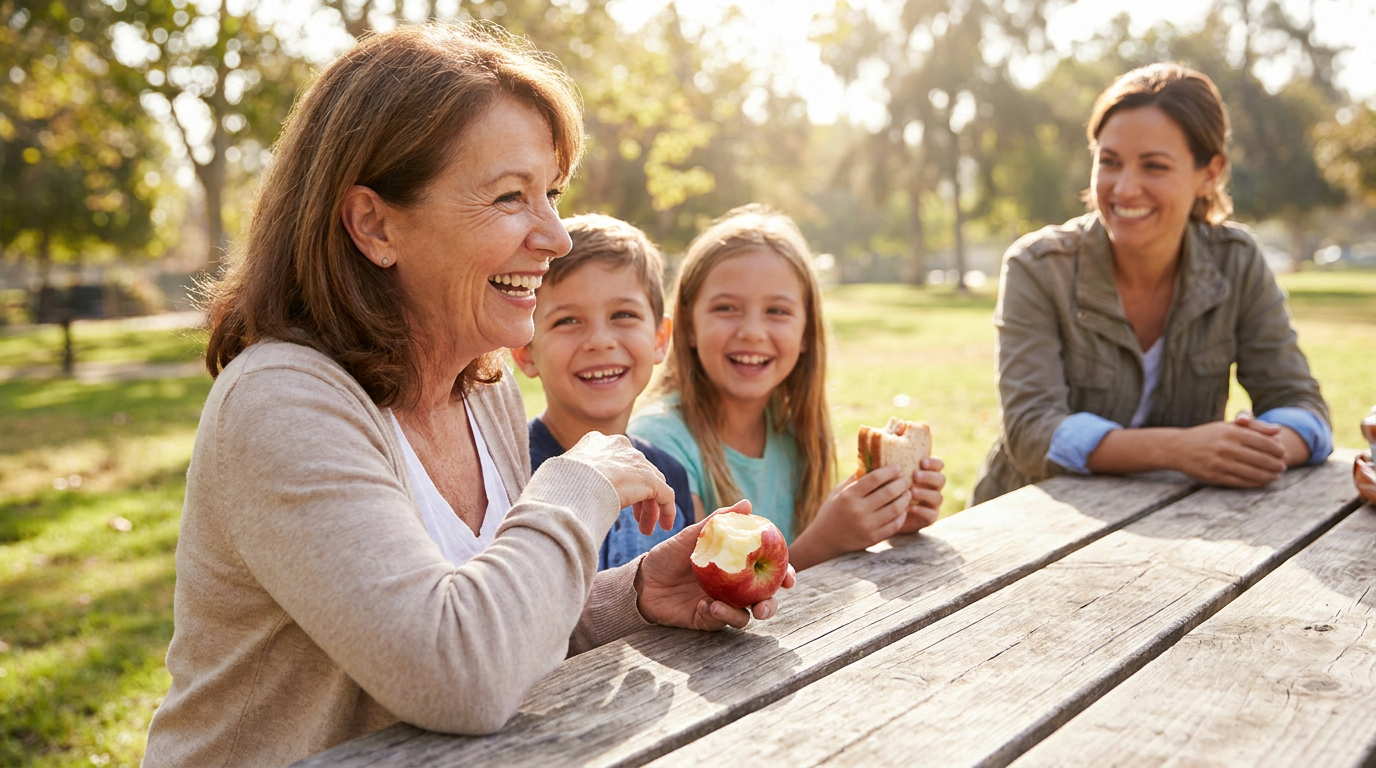 Ashley, a woman in her early sixties, is confidently laughing and eating an apple at an outdoor picnic table with her smiling grandchildren, showcasing comfort and renewed joy.