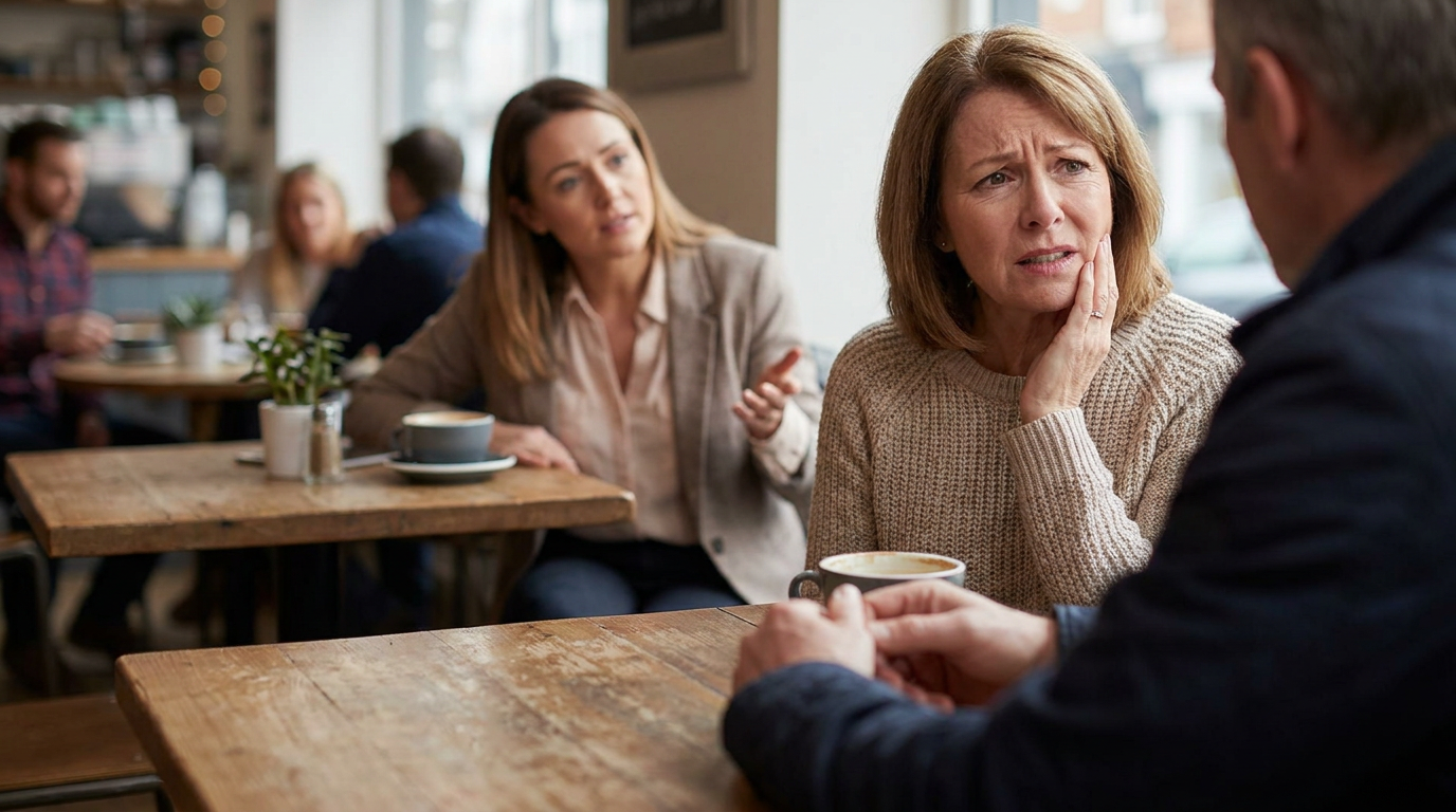 Ashley, a woman in her early sixties, subtly touches her cheek with a concerned expression while trying to speak to a blurred friend across a cafe table, illustrating speech difficulties.